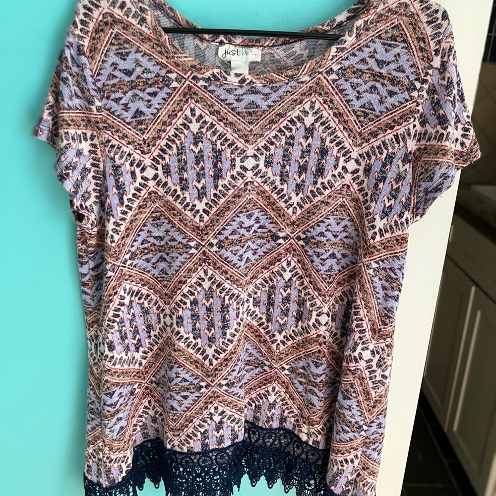 Just Be Women's Geometric Print Blouse with Lace Hem - Multicolor